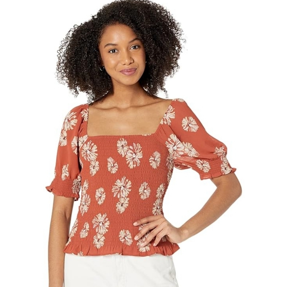 Madewell Floral Smocked Square Neck Top - Rust